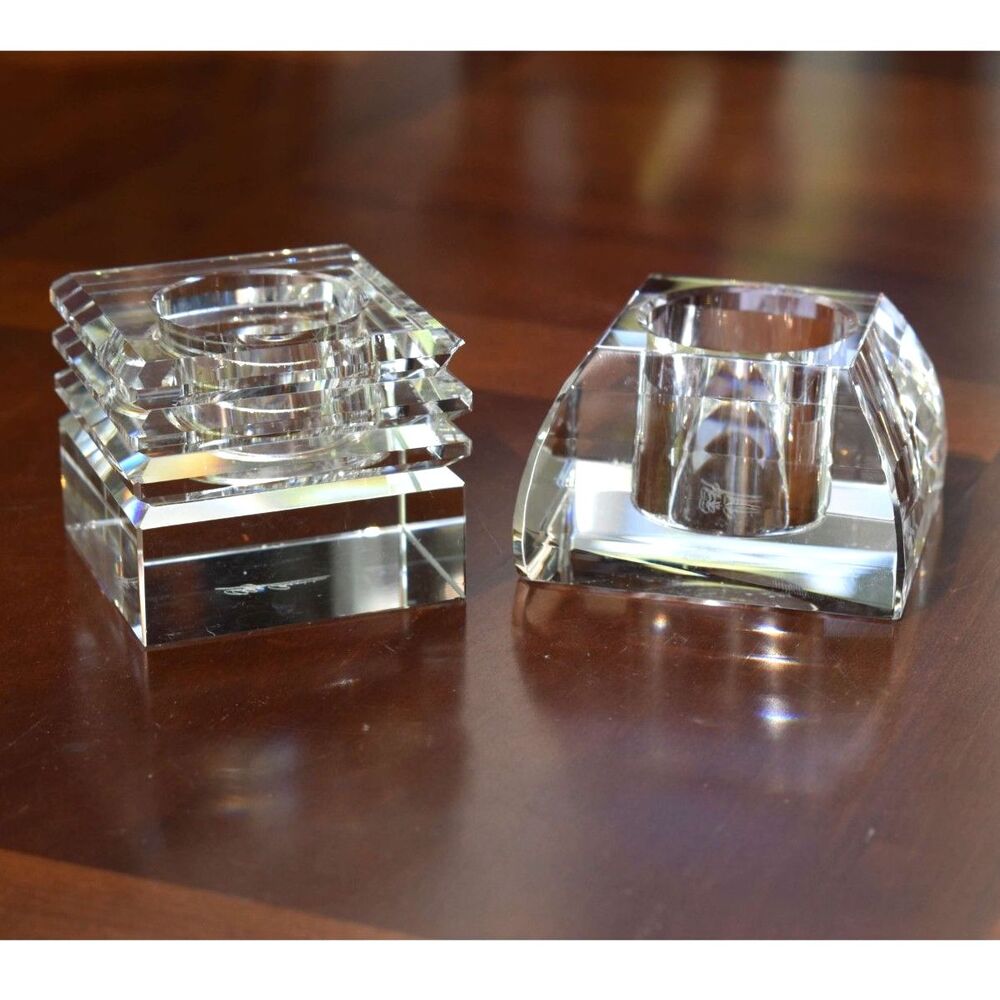 Oleg Cassini Signed Crystal Votive Candle Holders Pair Faceted Geometric Design